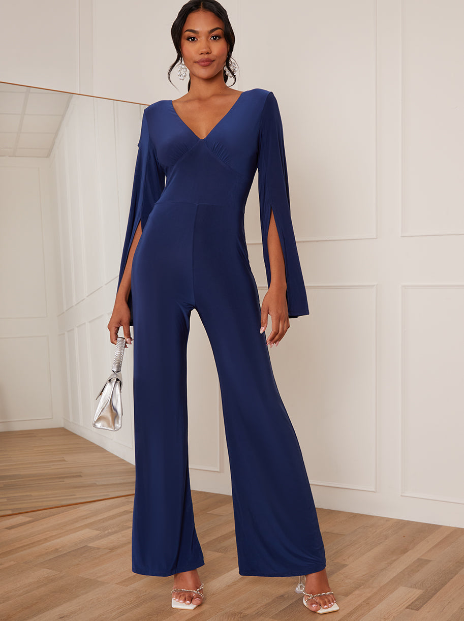 Chi Chi V Neck Split Sleeve Jumpsuit in Blue, Size 16