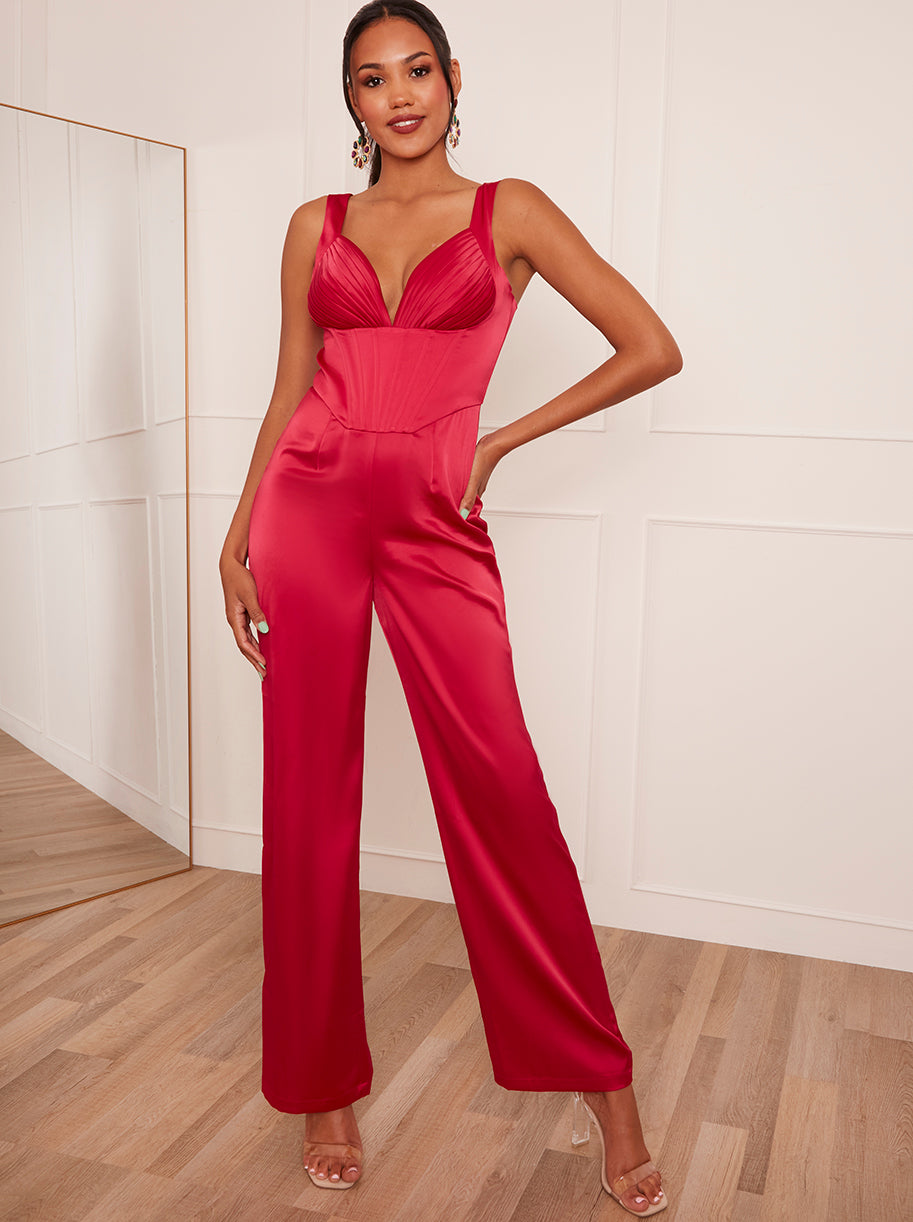 Chi Chi Corset Style Wide Leg Satin Jumpsuit in Pink, Size 16