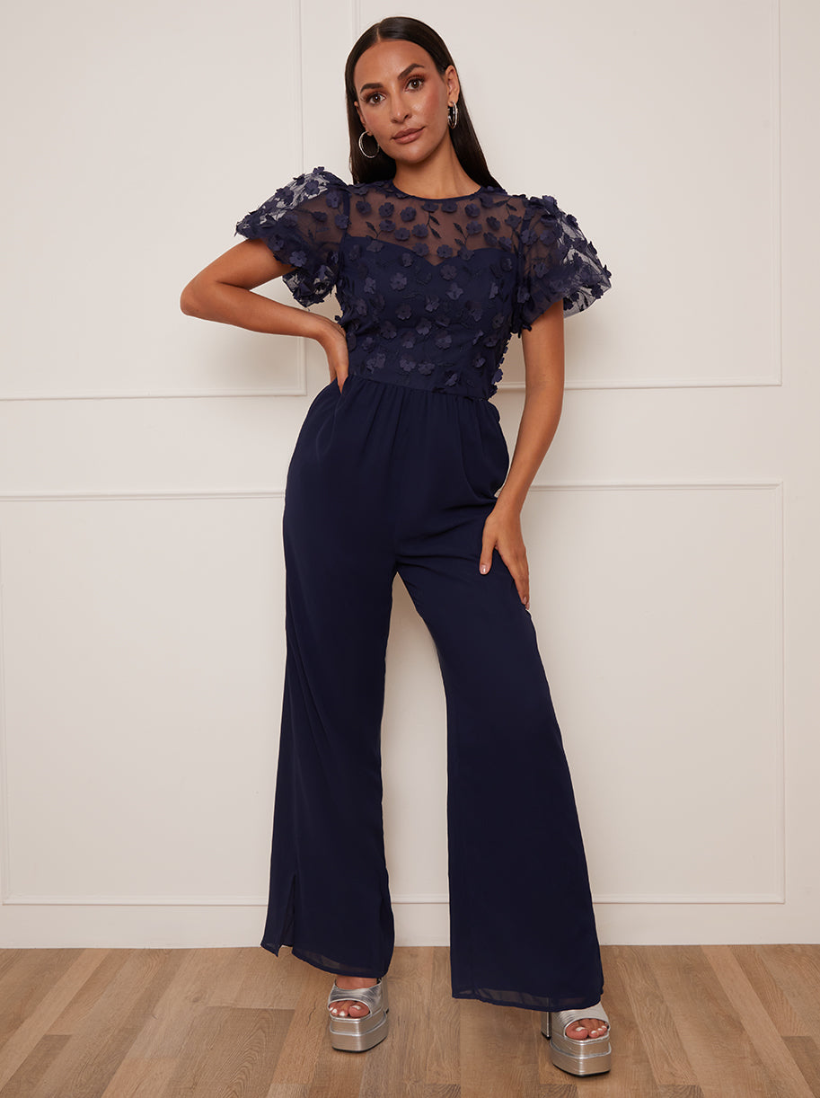 Chi Chi Petite Flutter Sleeve Lace Wide Leg Jumpsuit in Navy in Blue, Size 16