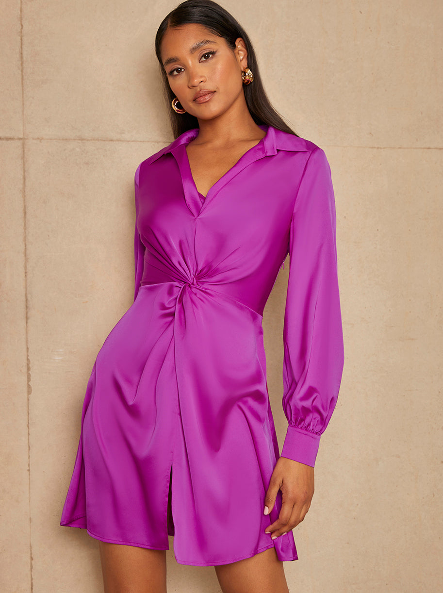 Chi Chi Long Sleeve Plunge Twist Detail MIDI Dress in Purple, Size 16