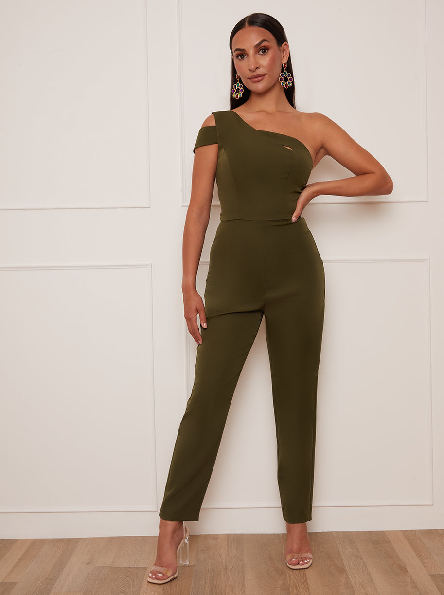 Chi Chi Petite One Shoulder Jumpsuit in Green, Size 16