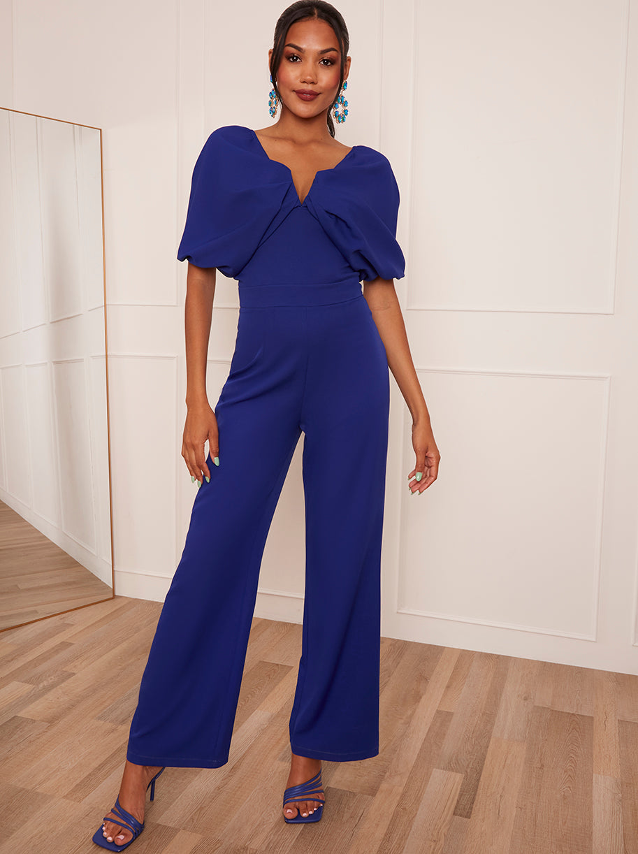 Chi Chi Drape Sleeve Wide Leg Jumpsuit in Blue, Size 16