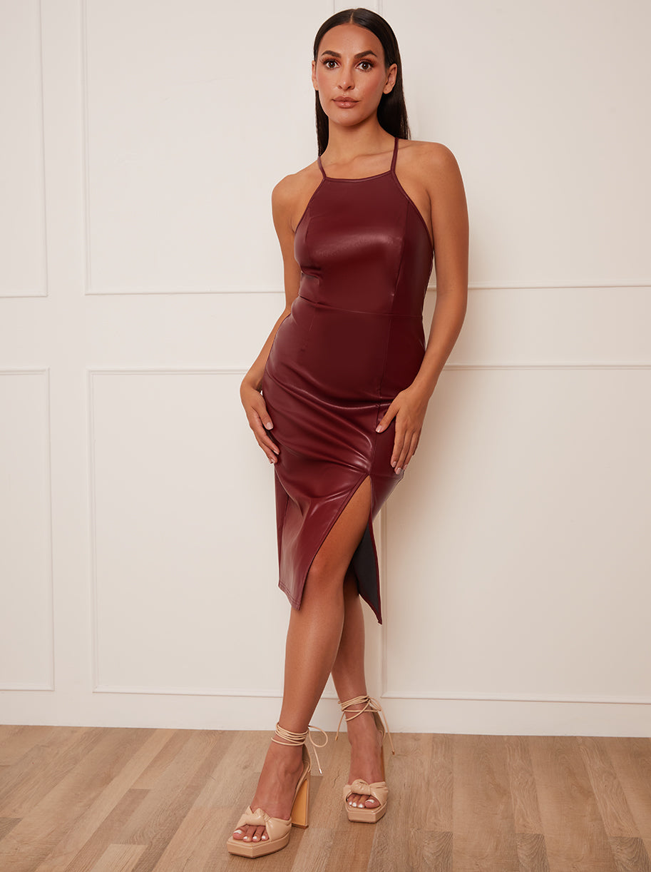 Chi Chi Petite Halter Neck Bodycon Faux Leather MIDI Dress in Wine in Red, Size 16