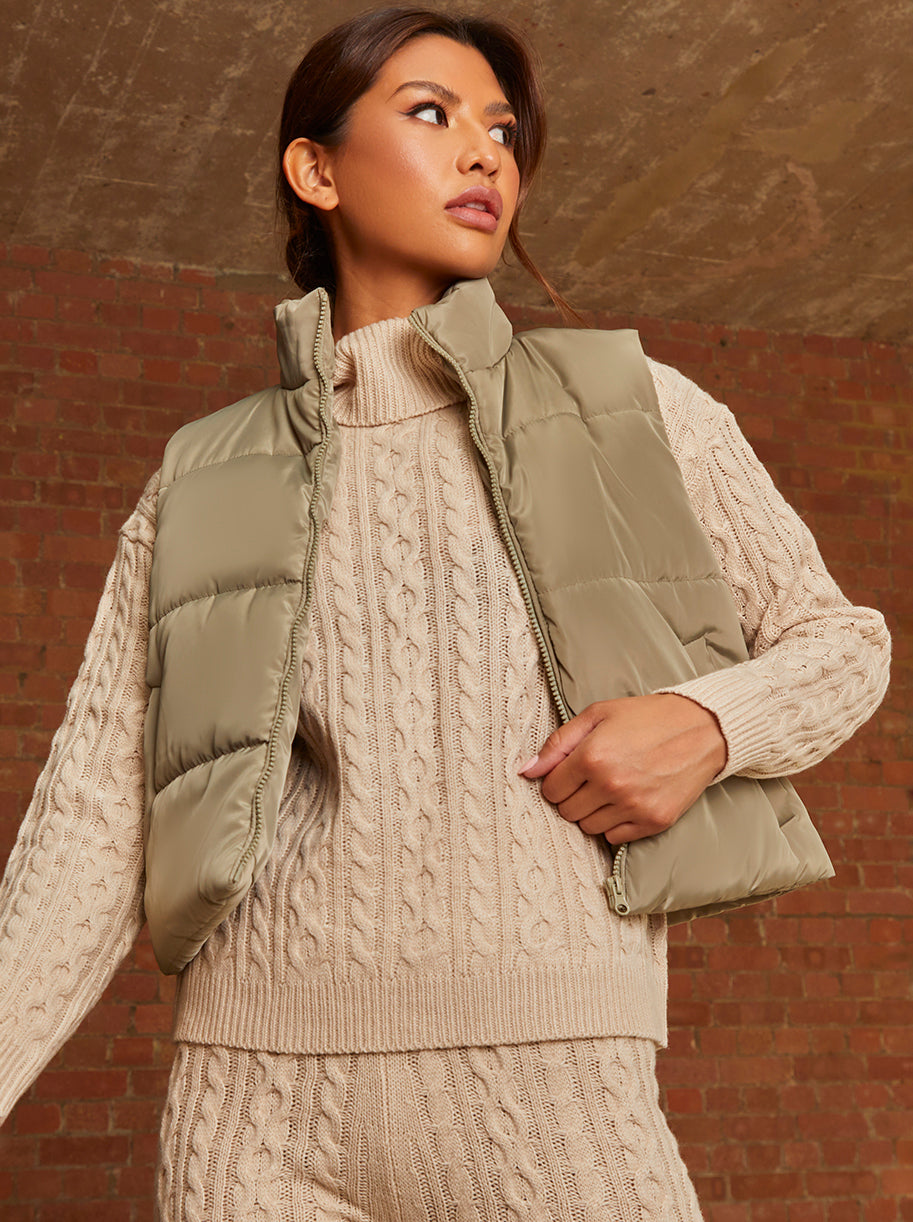 Chi Chi Cropped Padded Gilet in Khaki, Size 16