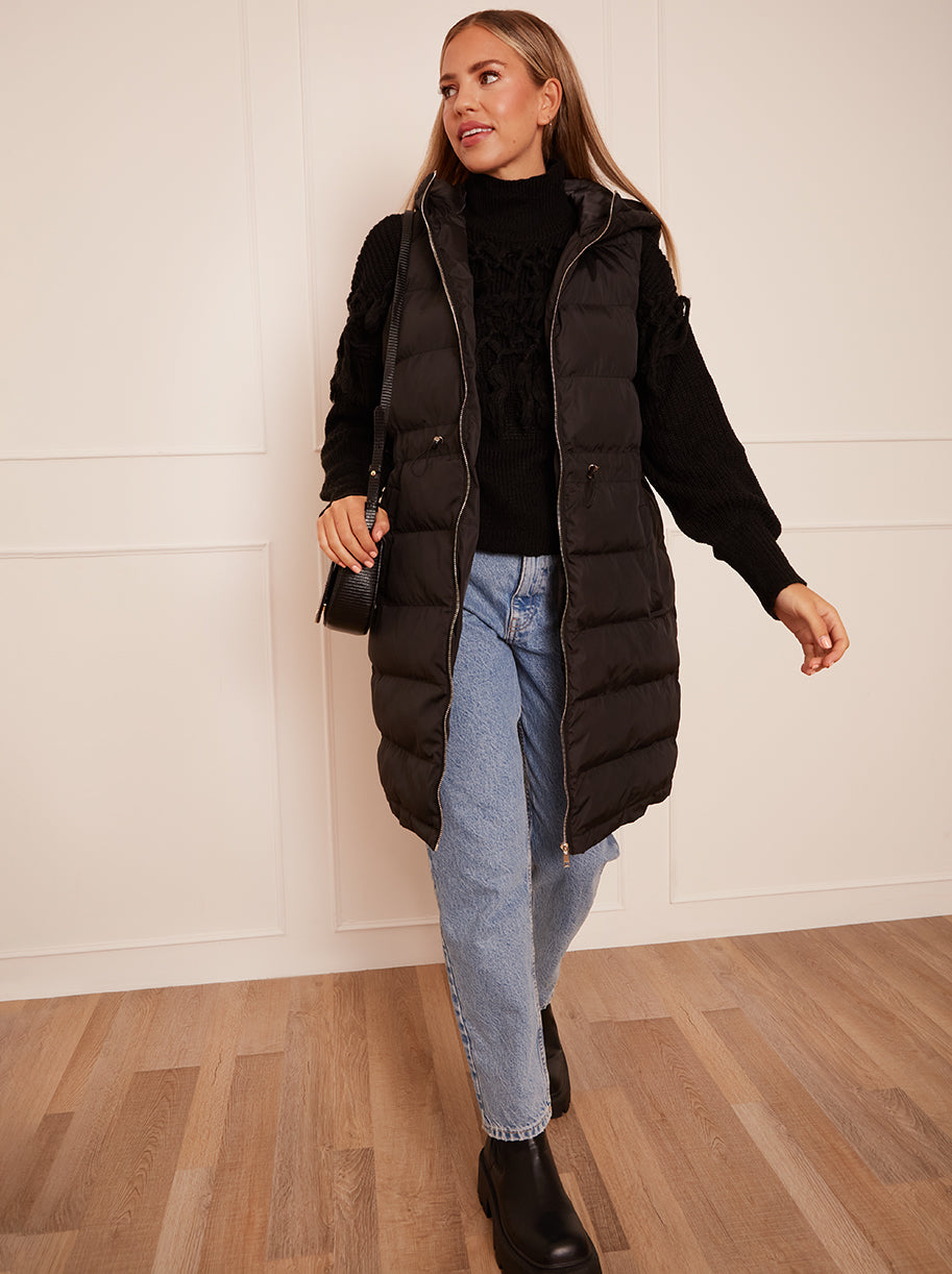 Chi Chi Waist Detail Padded Longline Gilet in Black, Size 16