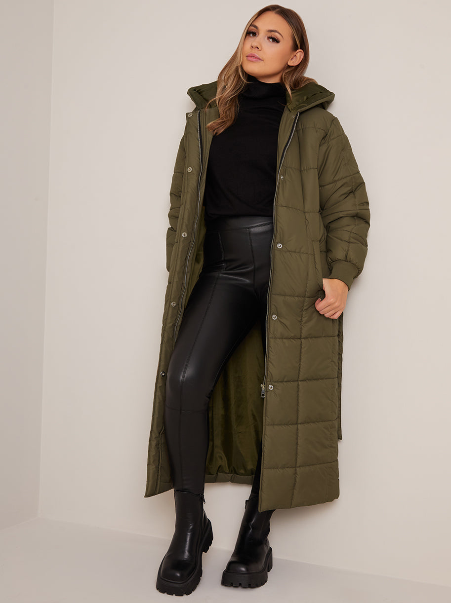 Chi Chi Check Padded Longline Belted Coat in Khaki, Size 16
