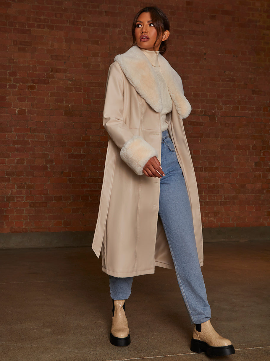 Chi Chi Faux Leather Longline Coat with Faux Fur Trim in Taupe in Cream, Size 16