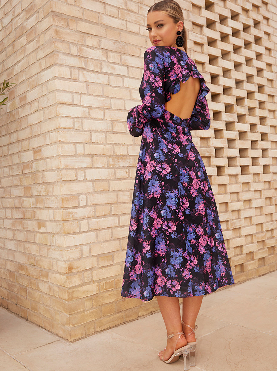 Chi Chi Long Sleeve V Neck Floral Print MIDI Dress in Black, Size 16