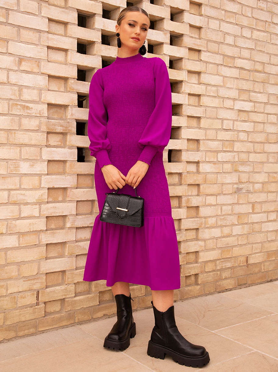 Chi Chi Long Sleeve Shirred Maxi Dress in Pink in Fuschia, Size 16
