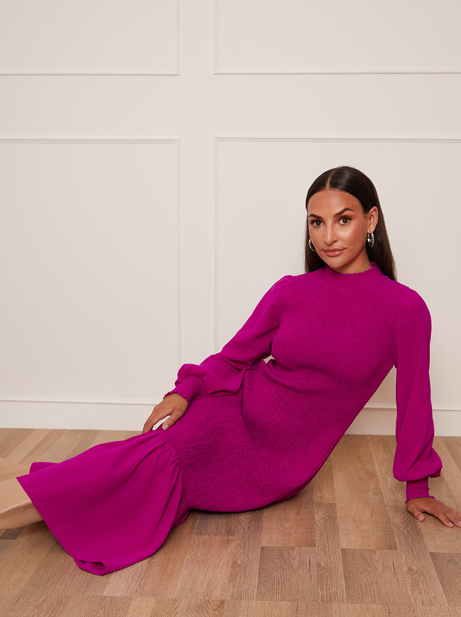 Chi Chi Petite Long Sleeve Shirred Maxi Dress in Pink in Fuschia, Size 16