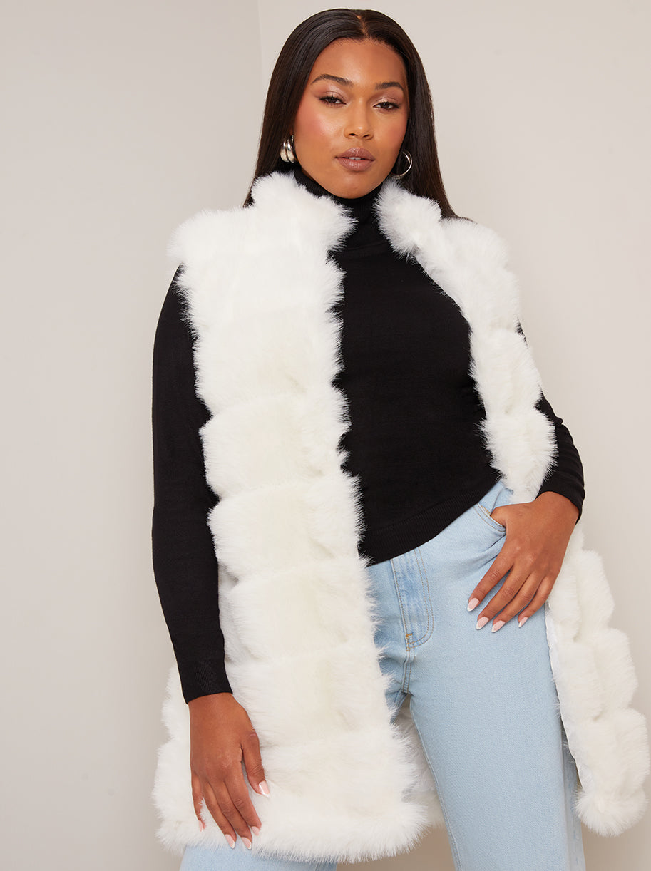 Chi Chi Faux Fur Stripe Gilet in Cream, Size 16