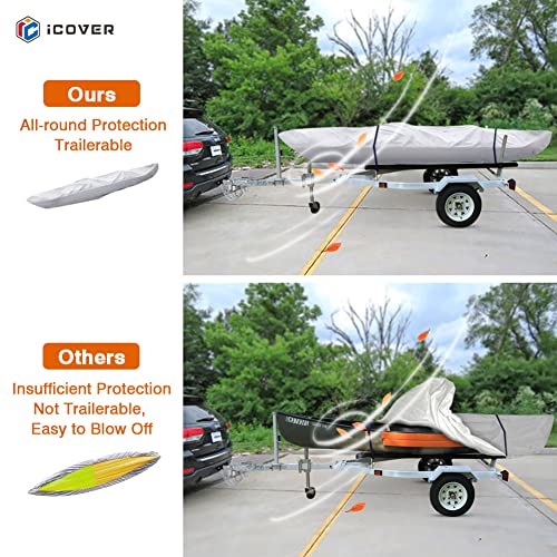 I COVER 10ft Kayak Cover- Water Proof 600D Heavy Duty Kayak/Canoe Cover Fits Kayak or Canoe up to 10ft Long and Beam Width up to 27in, Grey