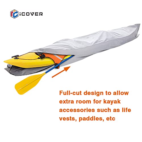 I COVER 10ft Kayak Cover- Water Proof 600D Heavy Duty Kayak/Canoe Cover Fits Kayak or Canoe up to 10ft Long and Beam Width up to 27in, Grey