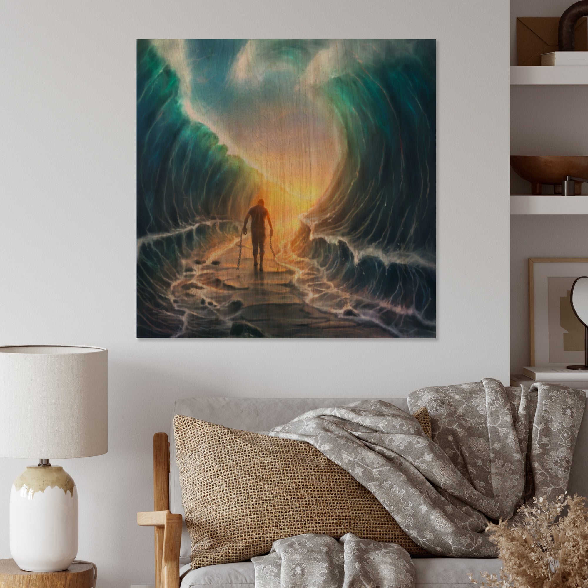 Designart 'Religious Path Through the Water IV' Traditional Wood Wall Art Panels - Natural Pine Wood