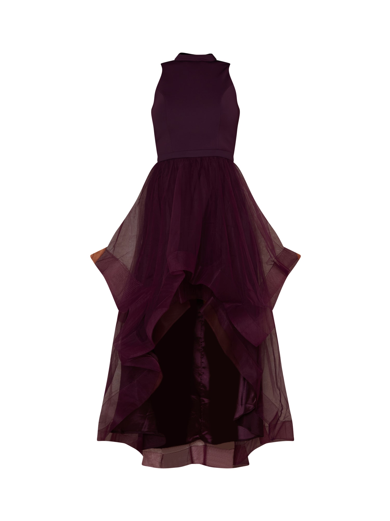 Chi Chi Dip Hem High Neck Dress with Tulle Skirt in Purple, Size 16