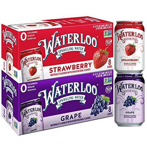 Waterloo Sparkling Water Two-Flavor Pack, 12 Fl Oz Cans, Pack of 16, 8 X Grape, 8 X Strawberry | Zero Calories | Zero Sugar or Artificial Sweeteners |