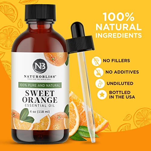NaturoBliss 100% Pure & Natural Sweet Orange Essential Oil Therapeutic Grade Premium Quality Oil with Glass Dropper - Huge 4 Fl. Oz - Perfect for Arom thumbnail