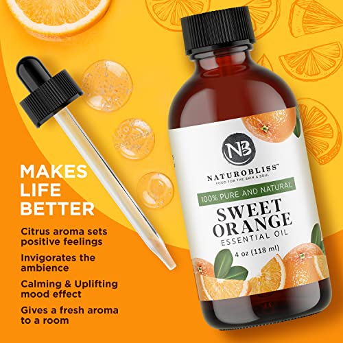 NaturoBliss 100% Pure & Natural Sweet Orange Essential Oil Therapeutic Grade Premium Quality Oil with Glass Dropper - Huge 4 Fl. Oz - Perfect for Arom thumbnail