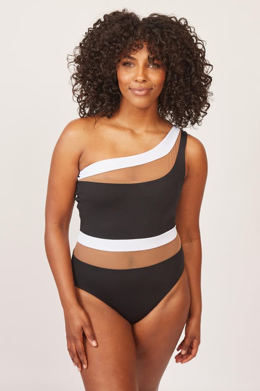 Nomads Swimwear Coast One-Piece Swimsuit with Power Mesh Paneling - Black/White/Tan Mesh - Size 3X