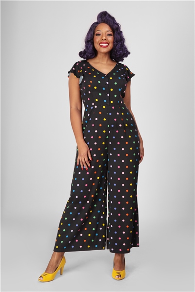 Collectif Mainline Thelma Rainbow Polka Dot Jumpsuit - UK 16 Black