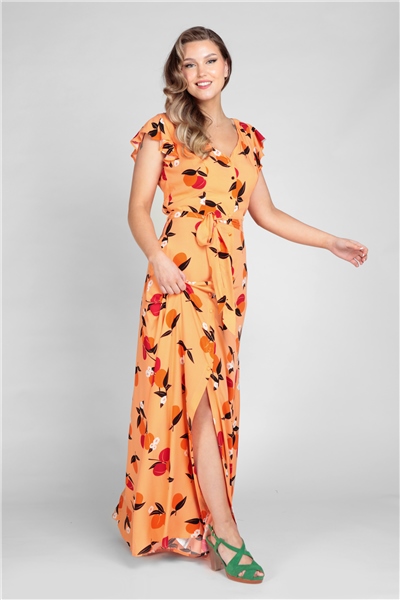 Collectif Mainline Thelma Mid-Century Apricot Maxi Dress - UK 16 Peach