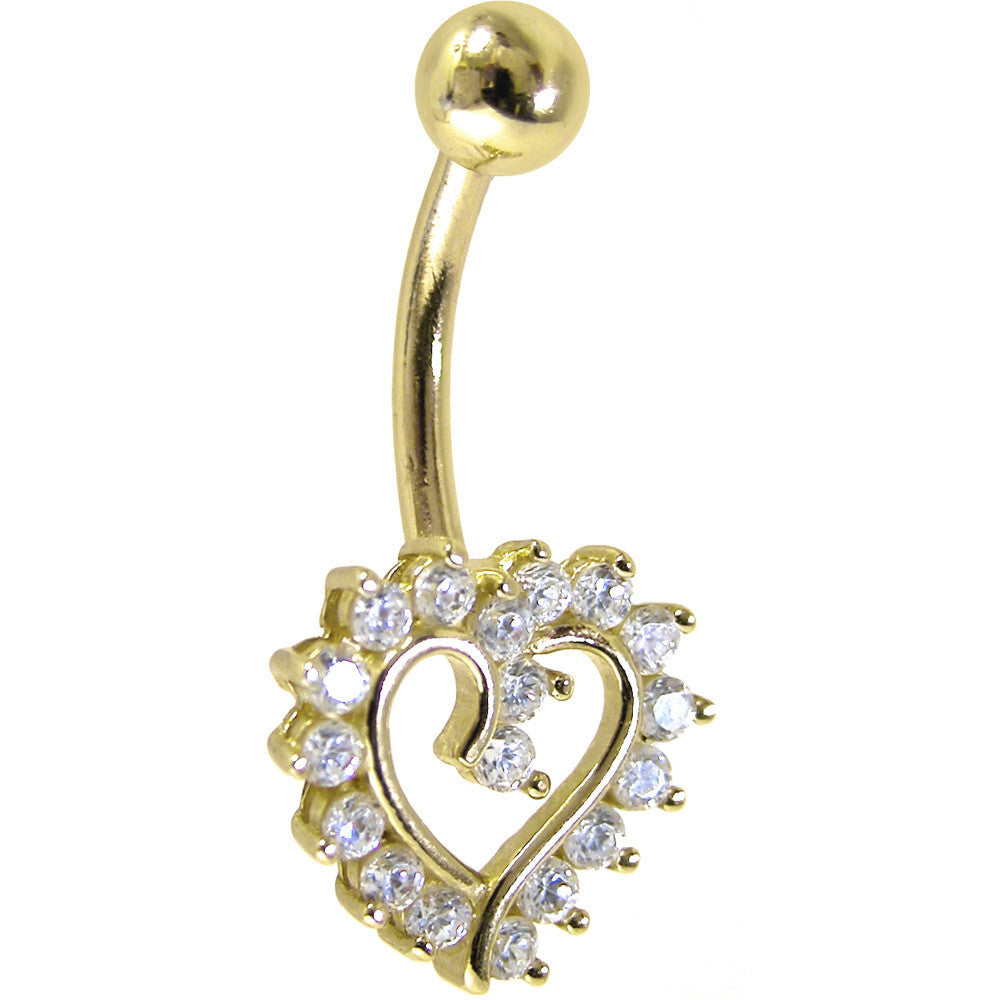 Belly Ring Solid 14Kt Yellow Gold Cubic Zirconia Hollow Heart Belly Ring Belly Button Piercings