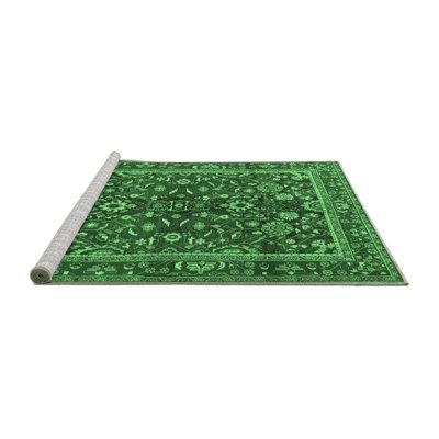 Green Area Rug - Bungalow Rose Traditional 2564 Emerald Machine Washable Area Rugs Polyester/Chenille in Green, Size 84.0 W X 0.08 D in | Wayfair
