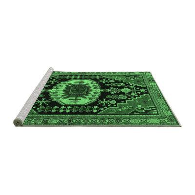 Green Area Rug - Bungalow Rose Traditional 2554 Emerald Machine Washable Area Rugs Polyester/Chenille in Green, Size 84.0 W X 0.08 D in | Wayfair