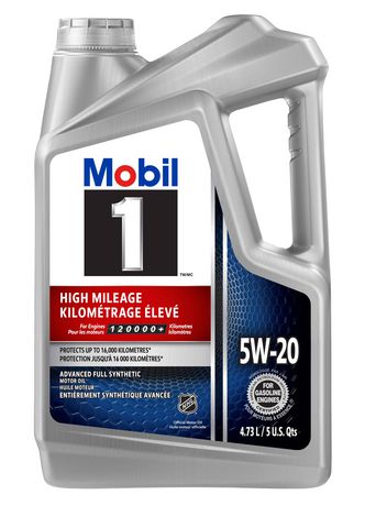 Mobil 1 High Mileage Full Synthetic Engine Oil 5w-20, 4.73 L 5 Qt/4.7 L Capacity