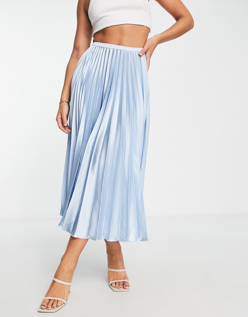 ASOS DESIGN Satin Pleated MIDI Skirt in Pale Blue