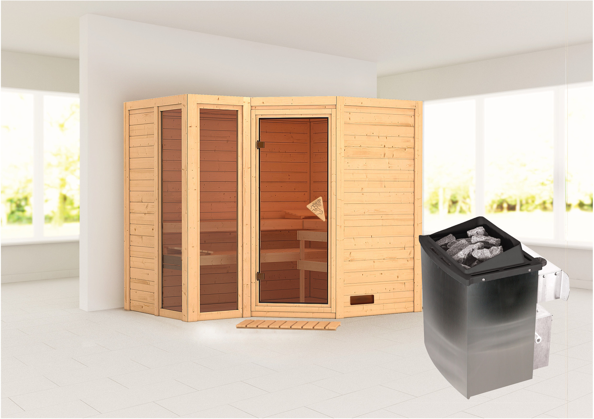 Sauna Kunda Mit Zubehör-Set, 236x184x208cm, Eckeinstieg