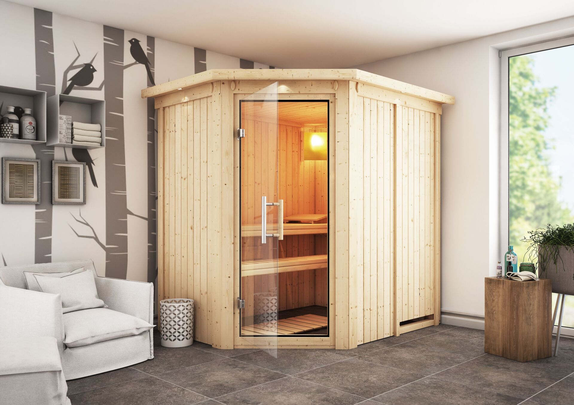 Sauna Vijandi Mit Zubehör-Set, 196x151x198cm, Eckeinstieg