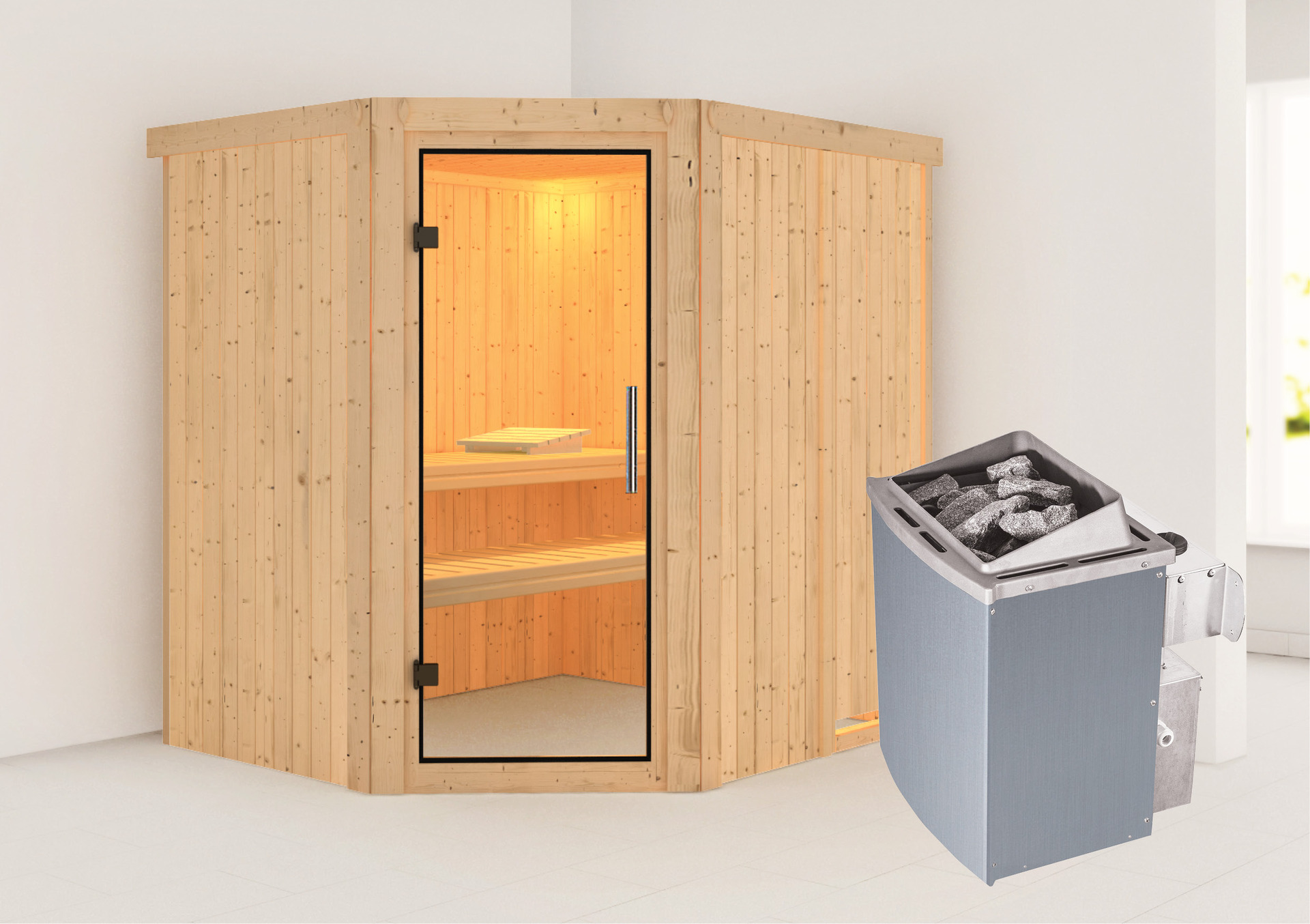 Sauna Maardu Mit Zubehör-Set, 196x170x198cm, Eckeinstieg