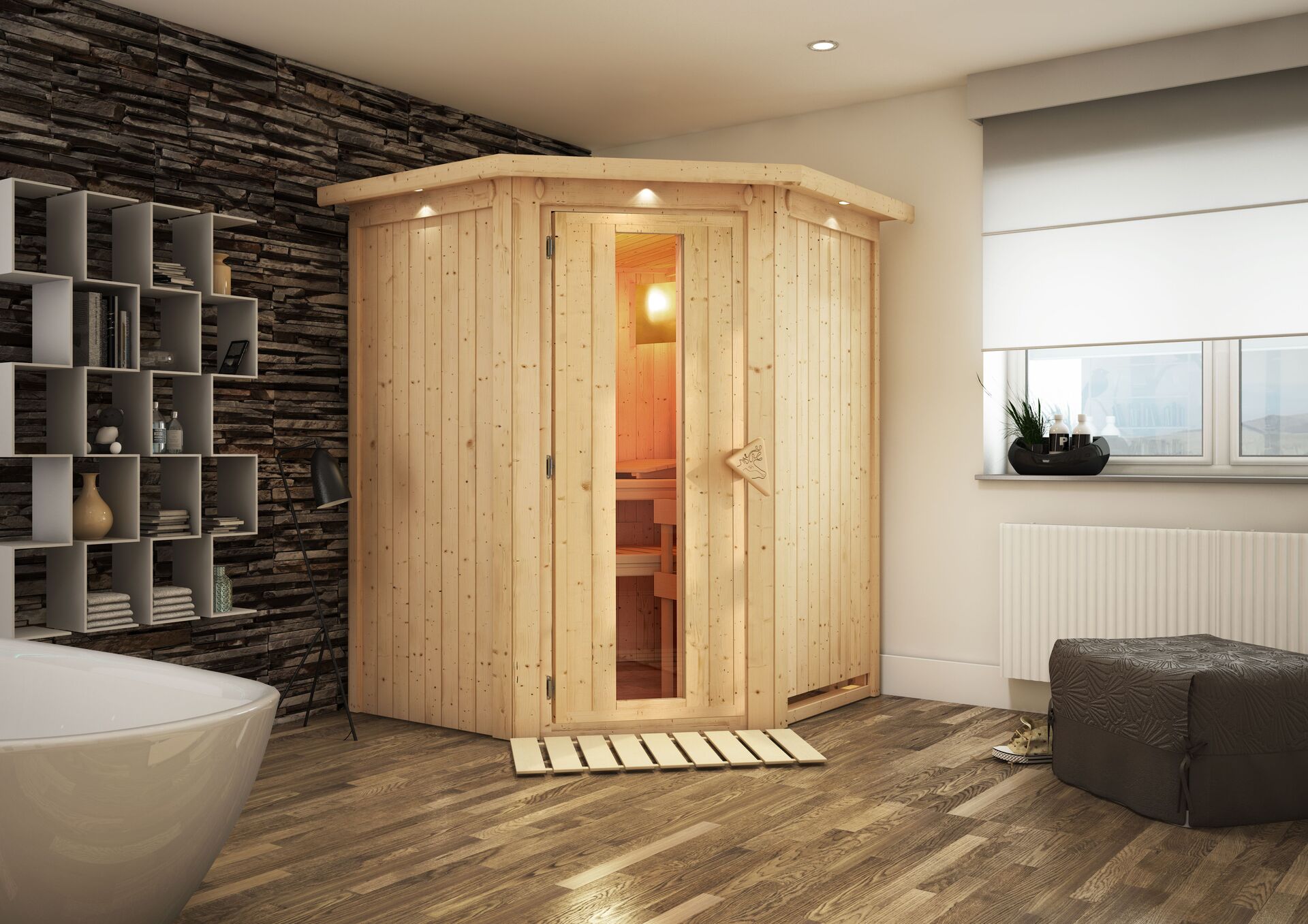 Sauna Wolmar Mit Zubehör-Set, 151x151x198cm, Eckeinstieg