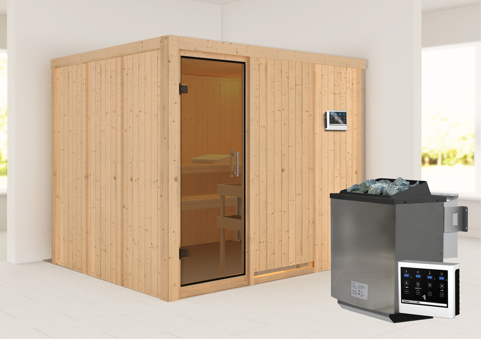 Sauna Jöhvi 231x196x198cm Mit Zubehör-Set, Fronteinstieg