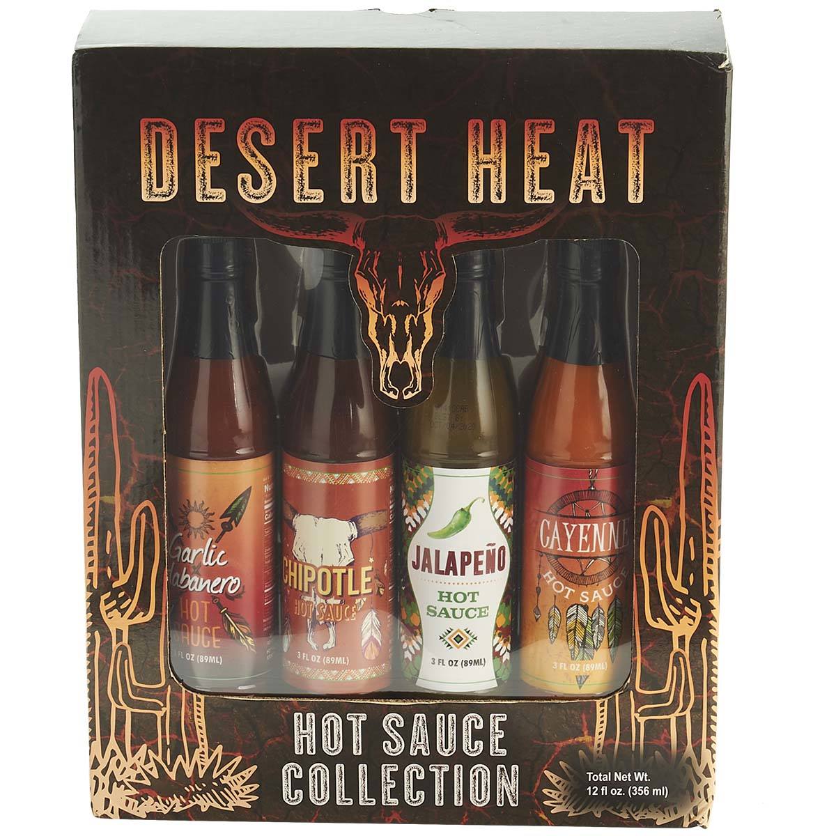 Desert Heat 4 Pc Hot Sauce Pack with Garlic Habanero  Chipotle  Jalapeno  and Cayenne Hot Sauce  12 Fl Oz Variety Gift Set