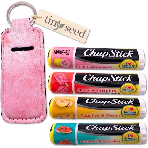 Set of 4 Lip Balms Including Pink Lemonade, Peaches & Cream, Strawberry Ice Pop, and Sweet Watermelon Flavors, Plus Bonus Lip Balm Holder Keychain. in