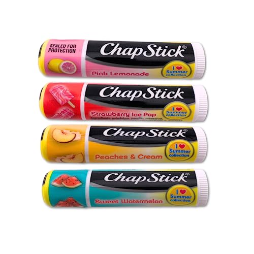 Set of 4 Lip Balms Including Pink Lemonade, Peaches & Cream, Strawberry Ice Pop, and Sweet Watermelon Flavors, Plus Bonus Lip Balm Holder Keychain. in thumbnail