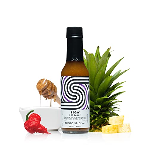 SEGA Carolina Reaper Hot Sauce by Fuego Spice - 5 Fl Oz - Tangy, Vinegar-Forward Made with Pineapple and Smoked Onion - Dump It on BBQ Chicken Wings O