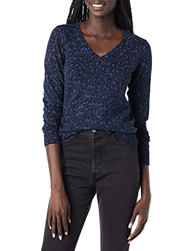 Amazon Essentials Women's Classic-Fit Lightweight Long-Sleeve V-Neck Sweater (Available in Plus Size), Navy/Black, Cheetah, Large