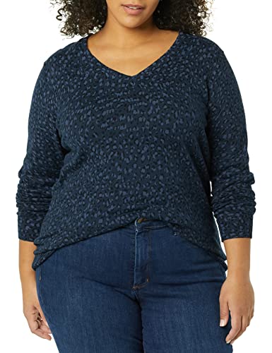 Amazon Essentials Women's Classic-Fit Lightweight Long-Sleeve V-Neck Sweater (Available in Plus Size), Navy/Black, Cheetah, Large thumbnail