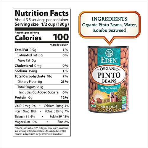 Eden Organic Pinto Beans, 15 Oz Can (12-Pack), No Salt Added, Non-GMO, Gluten Free, Vegan, Kosher, U.S. Grown, Heat and Serve, Macrobiotic, Frijol Pin thumbnail