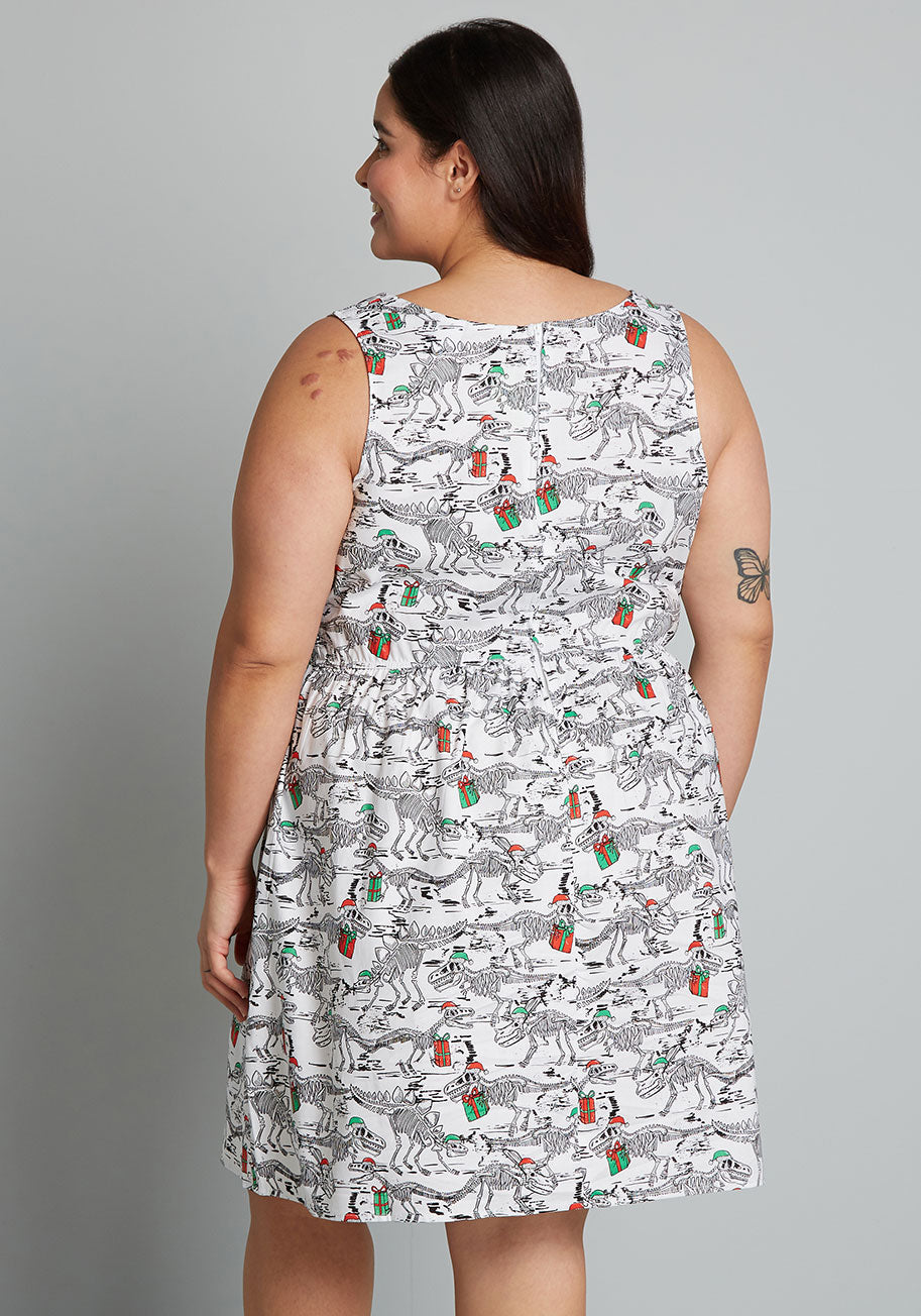 ModCloth X Retrolicious Here We Go a-Fossiling a-Line Dress in White Dino, Size Medium thumbnail