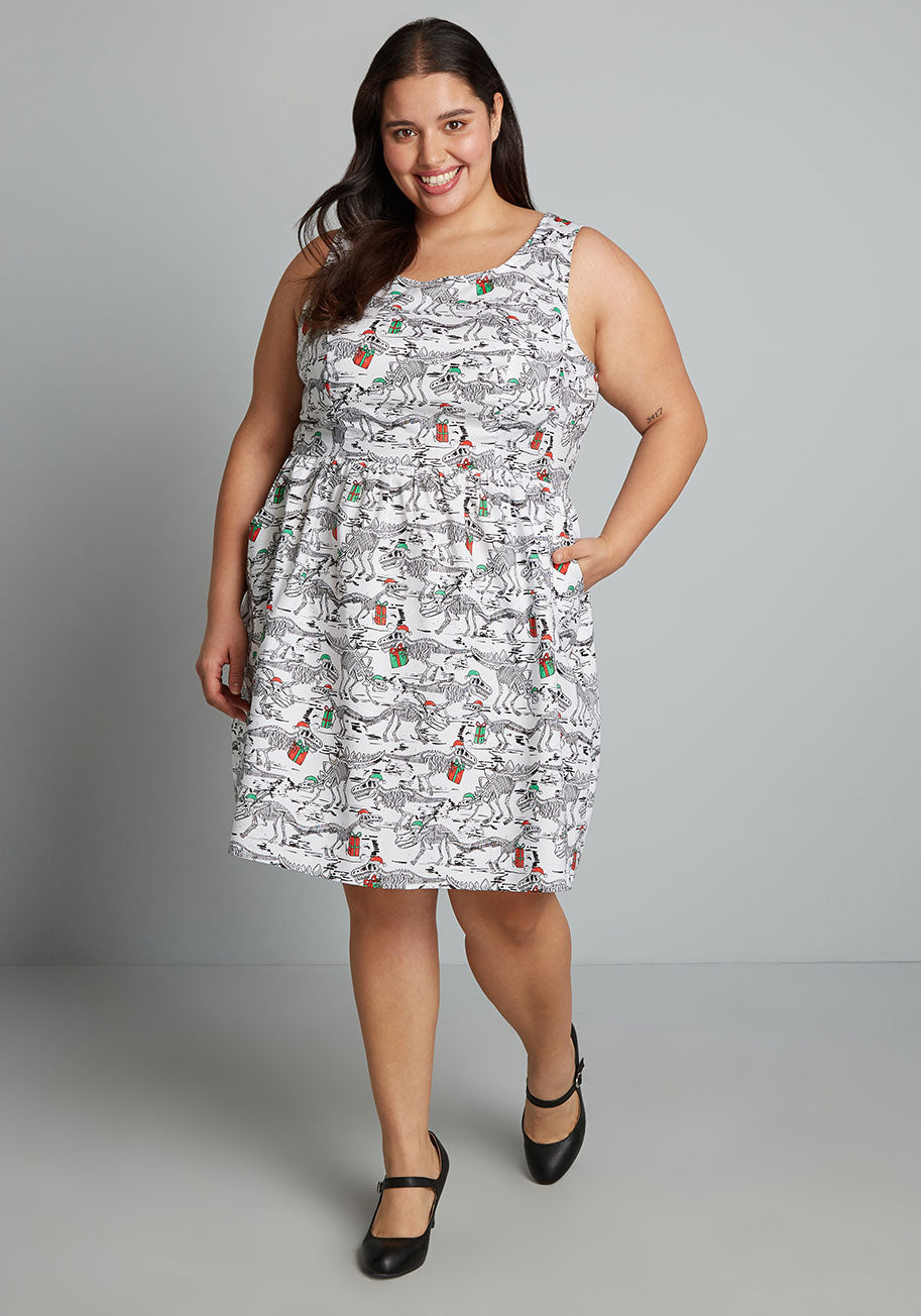 ModCloth X Retrolicious Here We Go a-Fossiling a-Line Dress in White Dino, Size Large thumbnail