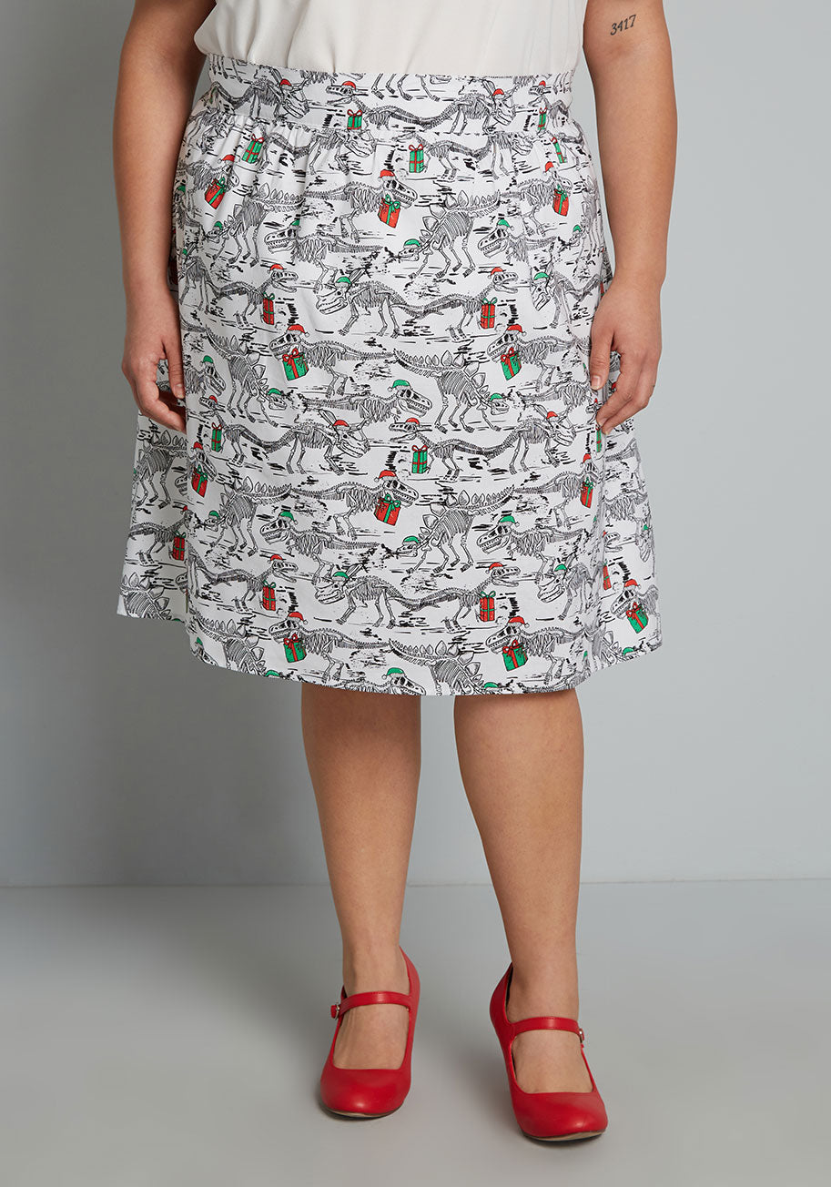 ModCloth X Retrolicious Prehistoric Gift Exchange a-Line Skirt in White Dino, Size 6X