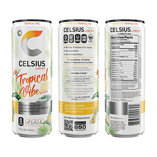CELSIUS Sparkling Tropical Vibe, Functional Essential Energy Drink, 12 Fl Oz (Pack of 24) thumbnail