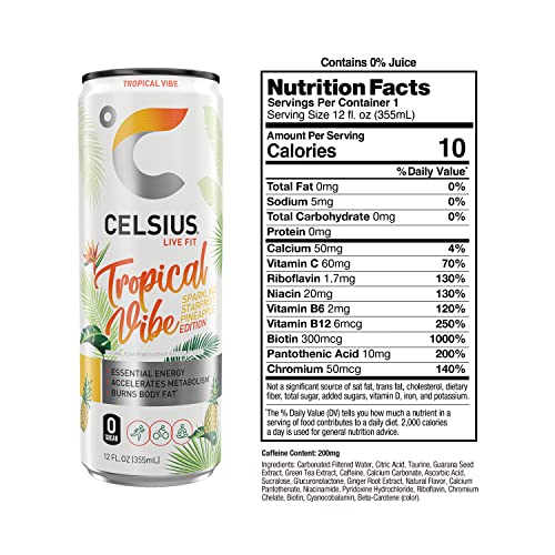 CELSIUS Sparkling Tropical Vibe, Functional Essential Energy Drink, 12 Fl Oz (Pack of 24) thumbnail