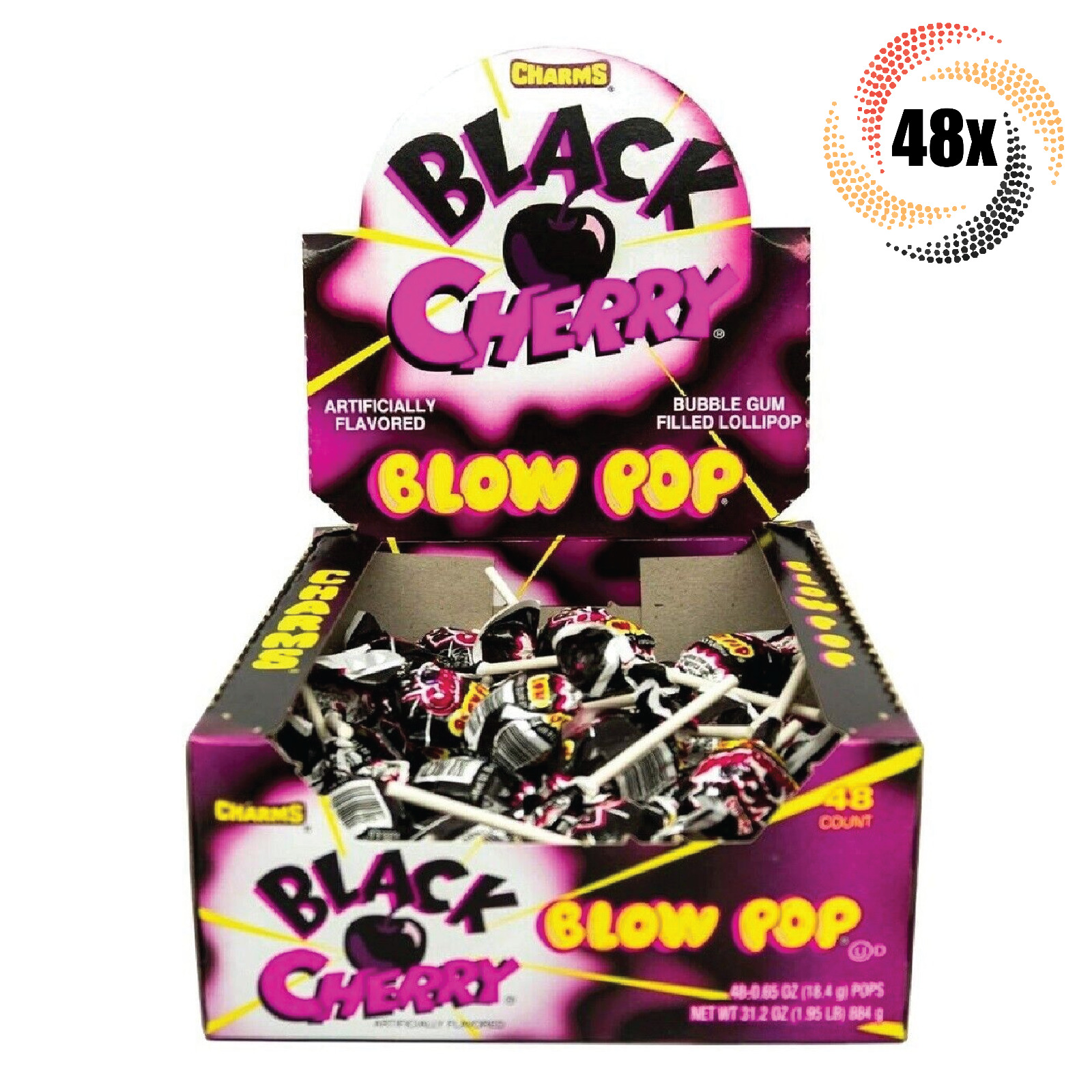 Full Box 48x Pops Charms Black Cherry Blow Pop Gum Filled Lollipops | .65oz