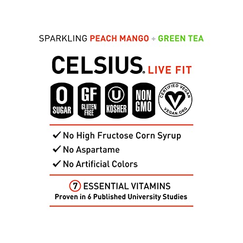CELSIUS Peach Mango Green Tea, Functional Essential Energy Drink, 12 Fl Oz (Pack of 24) thumbnail
