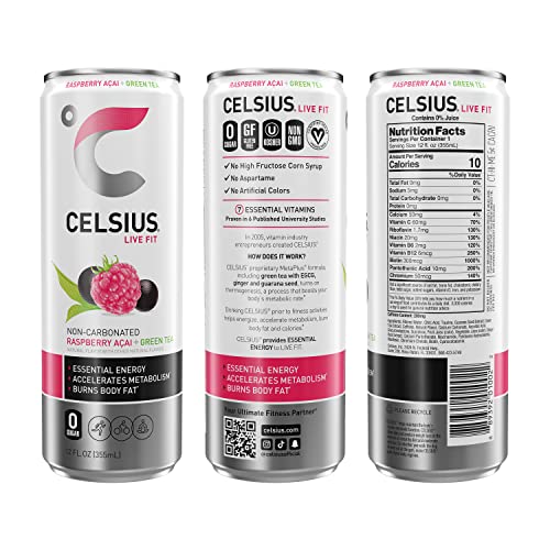 CELSIUS Raspberry Acai Green Tea, Functional Essential Energy Drink, 12 Fl Oz (Pack of 24) thumbnail